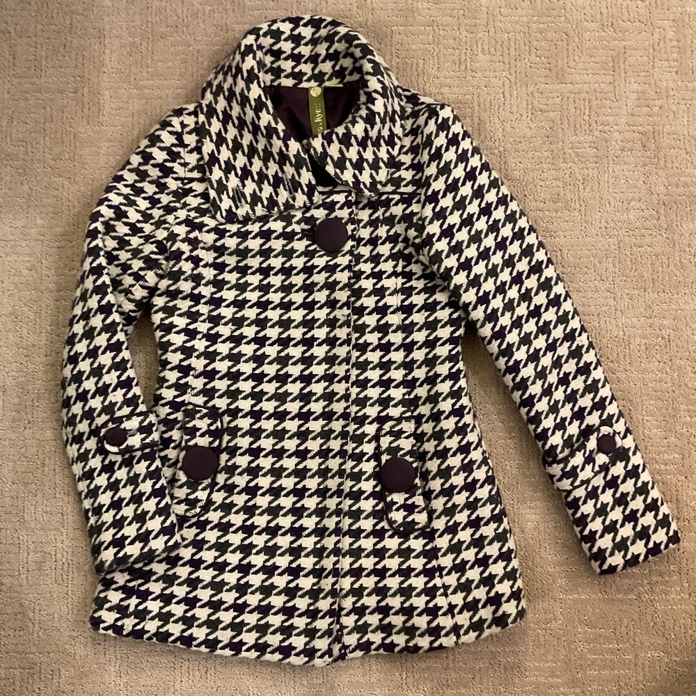 🤍💜 Vintage Y2K Soia & Kyo Houndstooth Wool Blend Pea Coat Purple Grey L Fits M